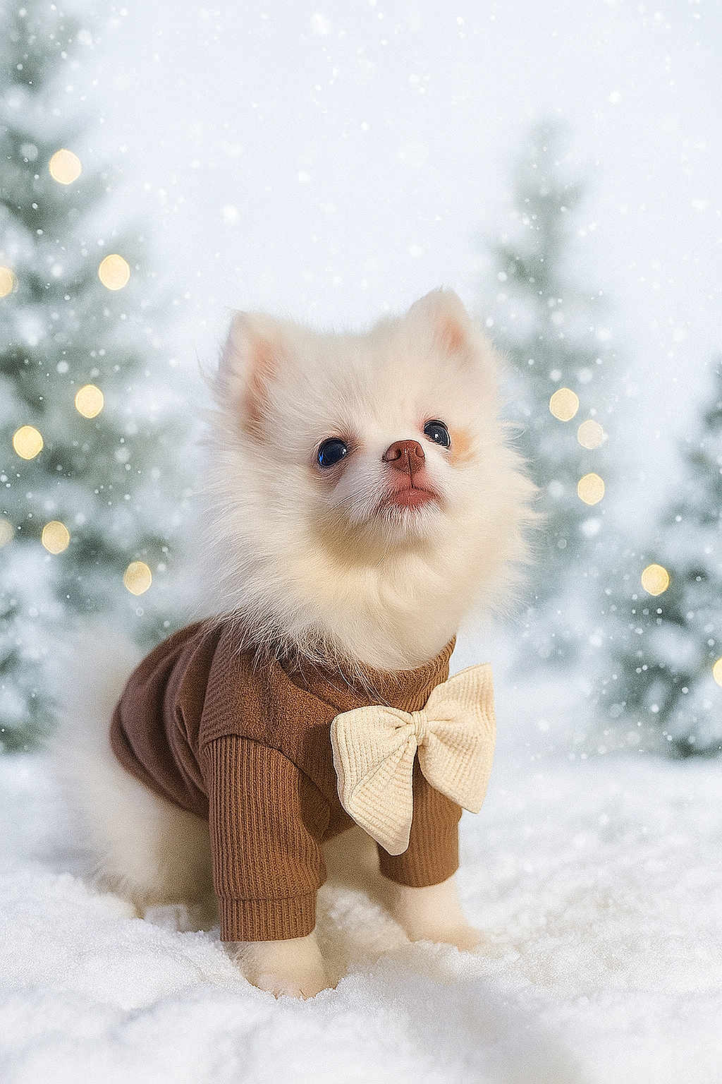 Paxton is registered to the contest to win money with this photo: dog, puppy, pomeranian, white_fur, sweater, bow, snow, winter, christmas_trees, bokeh, outdoor, cute, fluffy, small_dog, animal, pet, cold_weather, seasonal, festive, adorable