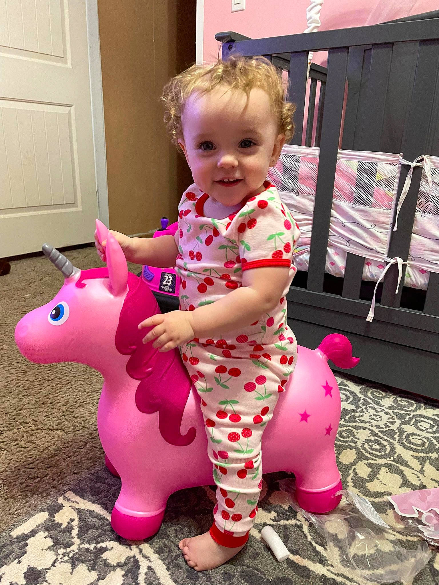 Emilee joined the competition — help win amazing prizes! baby, baby_toddler_clothing, beauty, carmine, child, door, foot, fun, happy, head, human_leg, joy, magenta, pattern, person, pink, play, purple, skin, smile