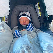 Kalvin joined the competition — help win amazing prizes! baby, car_seat, blanket, mickey_mouse, mittens, hat, face, infant, child, clothing, blue, gray, striped, cute, newborn, cozy, indoors, seatbelt, soft, toddler