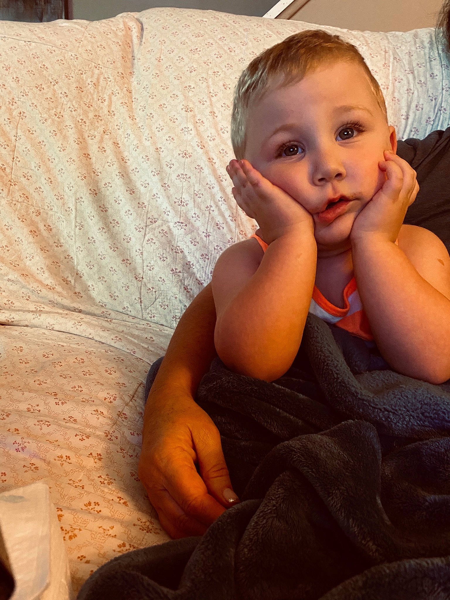 Max Austin is registered to the contest to win money with this photo: abdomen, baby, baby_toddler_clothing, chest, comfort, elbow, eyebrow, eyelash, finger, flash_photography, flooring, happy, human_leg, iris, linens, neck, person, skin, thumb, toddler