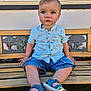 toddler, child, bench, blue_shirt, denim_shorts, sandals, outdoor, grass, wooden_bench, carving, elephant, tree, curious, cute, summer, sunlight, portrait, casual_clothing, baby, sitting