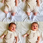 James is registered to the contest to win money with this photo: baby, child, infant, smile, overalls, white_socks, striped_clothing, lying_down, bed, blanket, cute, happy, portrait, four_panel, collage, young, playful, skin, head, face