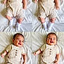baby, child, infant, smile, overalls, white_socks, striped_clothing, lying_down, bed, blanket, cute, happy, portrait, four_panel, collage, young, playful, skin, head, face
