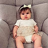 baby, child, infant, portrait, sitting, armchair, chair, bow, headband, dress, skirt, white_shirt, clothing, barefoot, feet, face, serious, indoors, furniture, photography