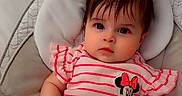 Mía Isabella Eireos joined the competition — help win amazing prizes! baby, child, infant, portrait, sitting, car_seat, cushion, seat_belt, pink_outfit, striped_clothing, minnie_mouse, bow, ponytails, dark_hair, brown_eyes, wide_eyed, indoors, close_up, front_facing, safe