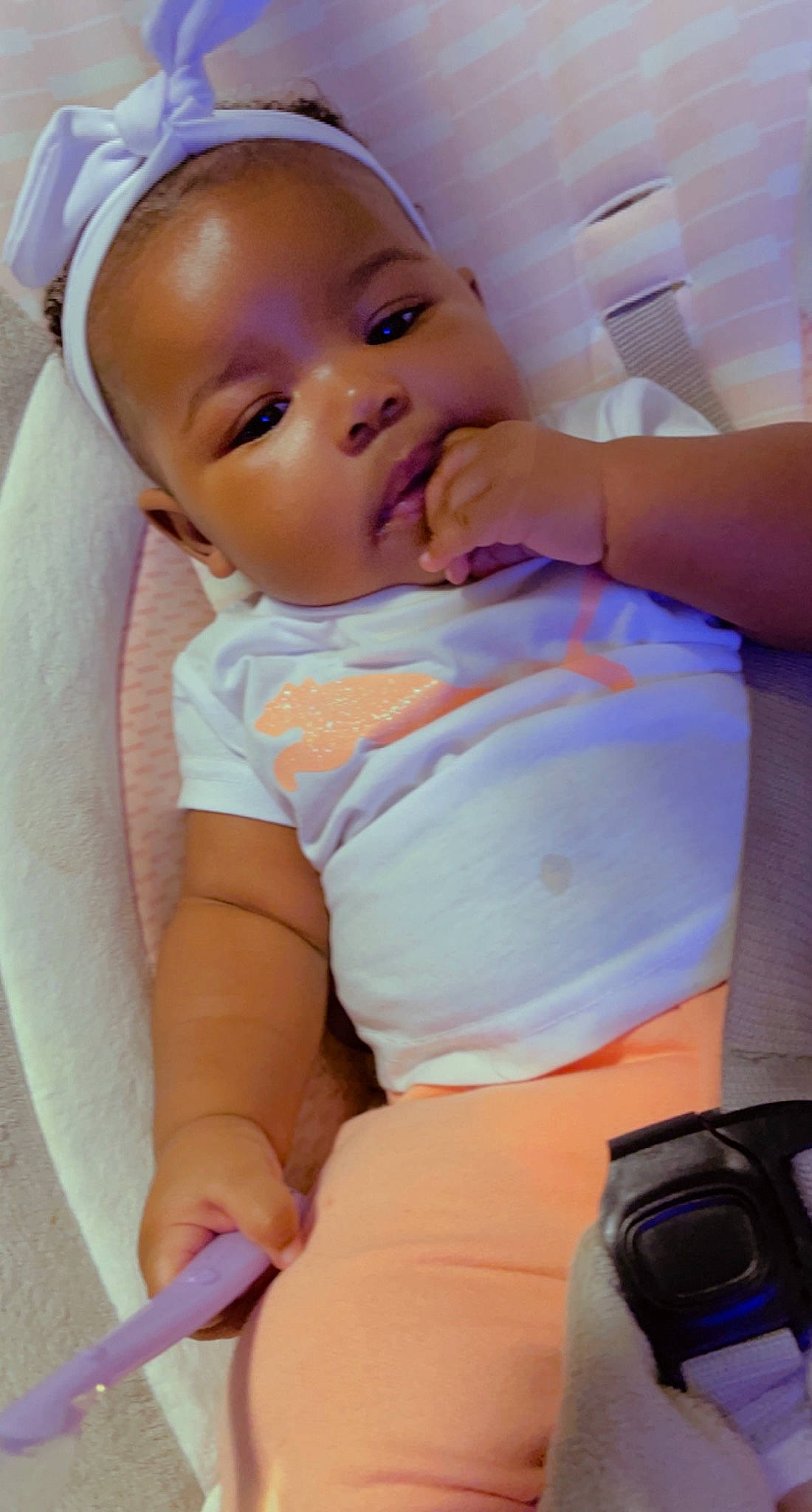 Gianna joined the competition — help win amazing prizes! baby, baby_toddler_clothing, blue, cheek, child, comfort, elbow, eyelash, face, finger, gesture, happy, iris, lip, mouth, nail, person, pink, skin, thumb