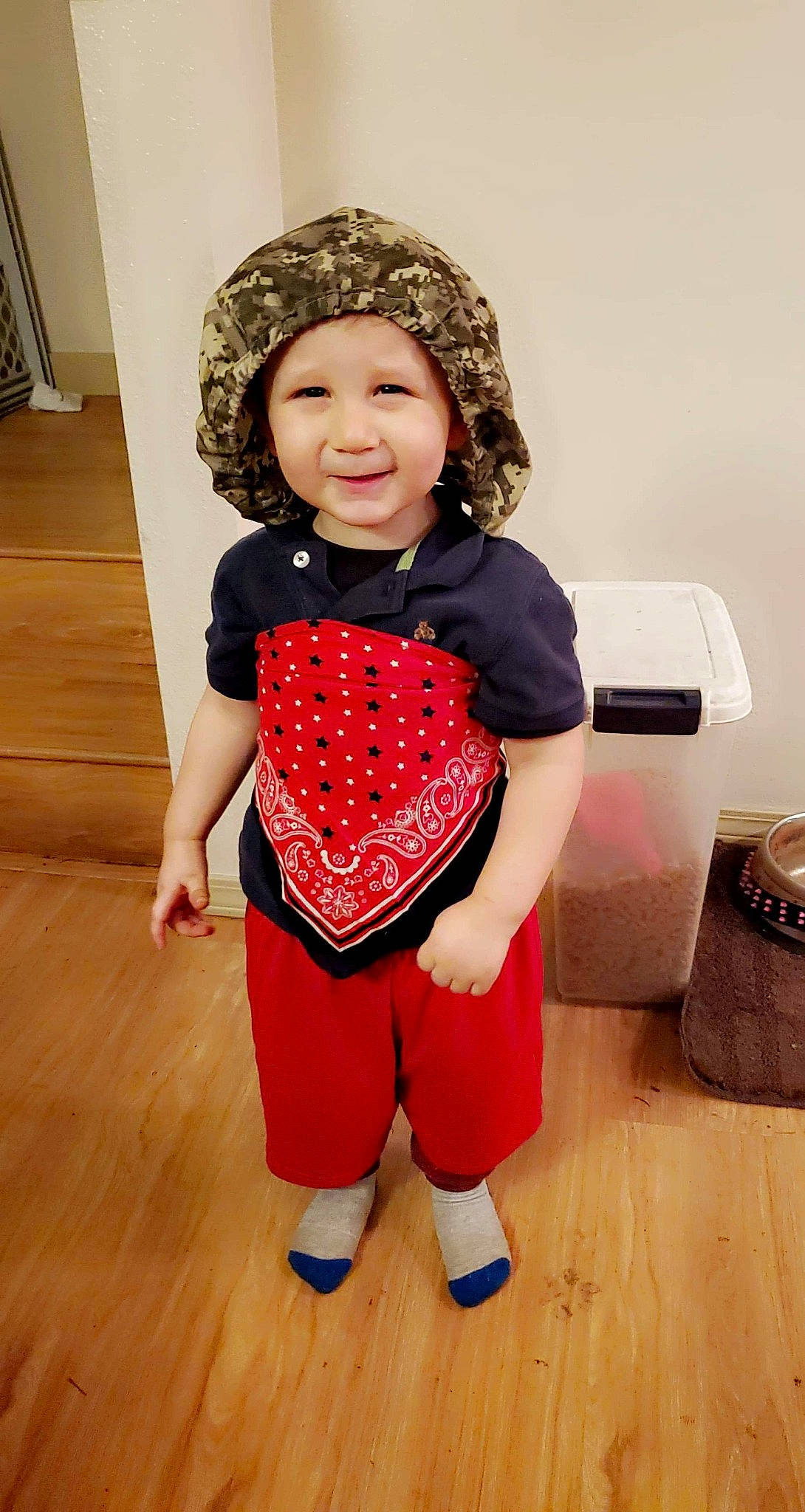 Levi joined the competition — help win amazing prizes! baby, baby_toddler_clothing, bag, fashion_accessory, floor, flooring, happy, hardwood, headgear, headwear, human_leg, leg, luggage_and_bags, pattern, person, shoe, sleeve, smile, thigh, toddler
