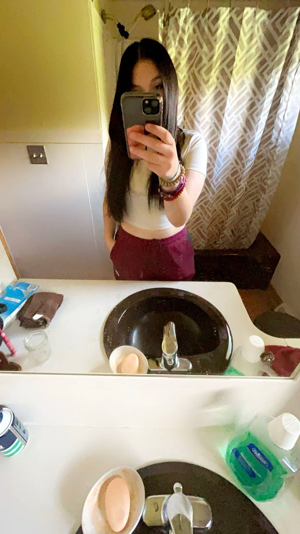 Anastasia is registered to the contest to win money with this photo: bathroom_sink, beauty, black_hair, comfort, elbow, eyewear, finger, hand, human_leg, material_property, mirror, nail, person, photograph, selfie, sleeve, snapshot, t_shirt, thigh, waist