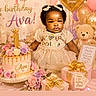 baby, child, birthday, cake, balloons, gift, present, flower, dress, celebration, party, pink, gold, teddy_bear, ribbon, smile, portrait, decor, cute, festive