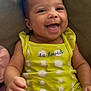 Evelynn joined the competition — help win amazing prizes! baby, smiling, yellow_outfit, polka_dots, happy, infant, child, cute, portrait, sitting, face, arms, legs, clothing, comfort, indoors, soft_surface, expression, joy, closeup