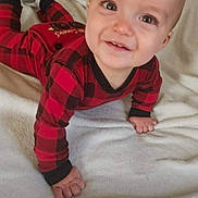 Leaym is registered to the contest to win money with this photo: baby, child, infant, crawling, red_clothing, checkered_pattern, blanket, smiling, cute, indoors, soft_texture, happy, person, face, young, one_person, cozy, casual, head, hands