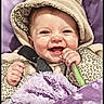baby, blanket, child, clothing, cozy, cute, expression, face, fuzzy, happy, hood, indoor, infant, leopard_print, portrait, purple, seated, smiling, soft, warm