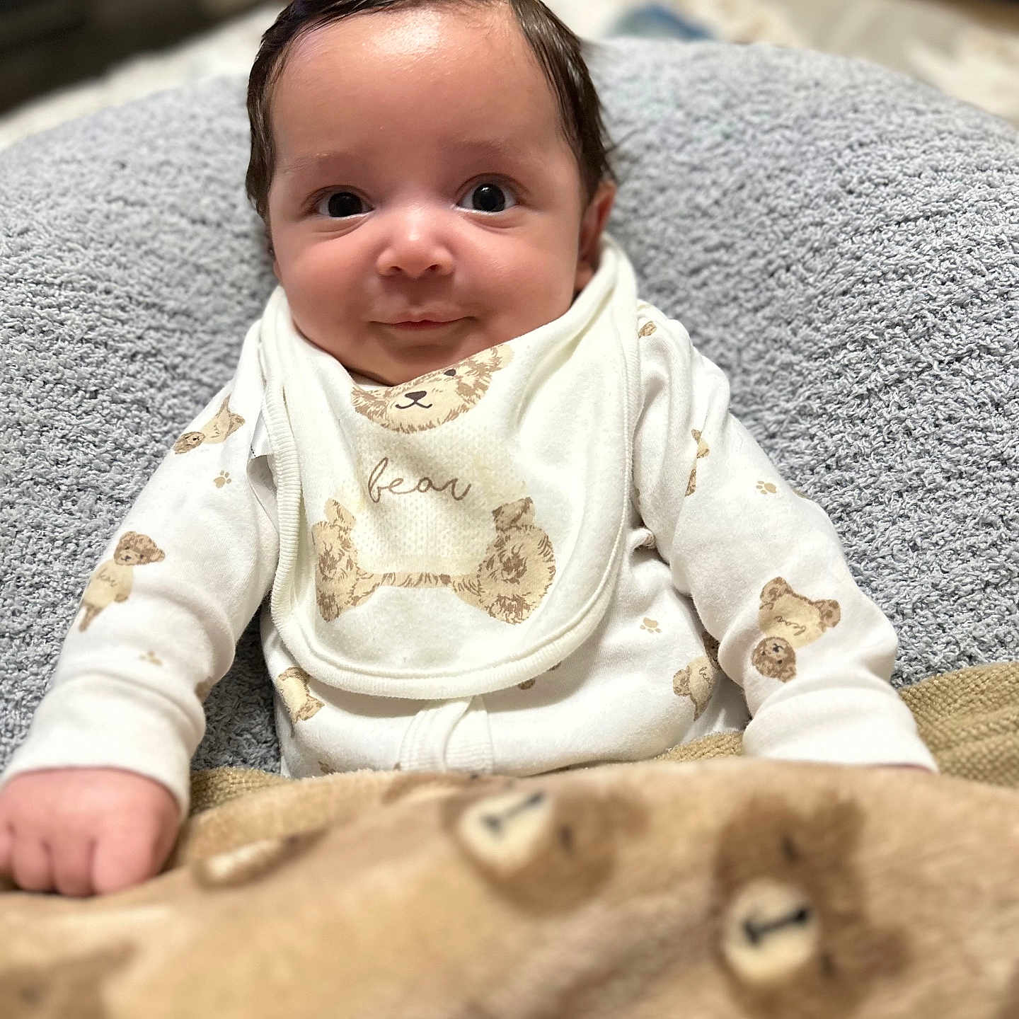 Mason joined the competition — help win amazing prizes! animal, baby, babylaughing, blanket, canine, clothing, cushion, dog, face, happy, head, homedecor, newborn, person, pet, photography, portrait, quilt, sitting, smile