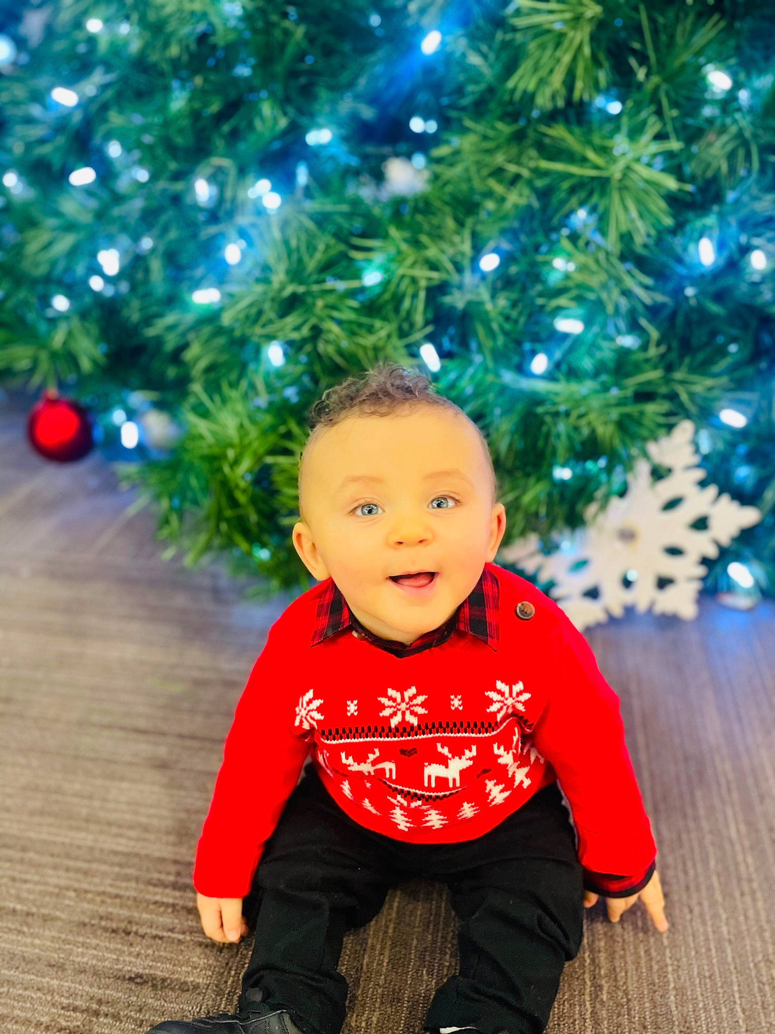 Kareem joined the competition — help win amazing prizes! baby, baby_toddler_clothing, branch, christmas_decoration, christmas_ornament, christmas_tree, evergreen, facial_expression, grass, happy, holiday_ornament, ornament, people_in_nature, person, plant, sleeve, smile, toddler, tree, wood