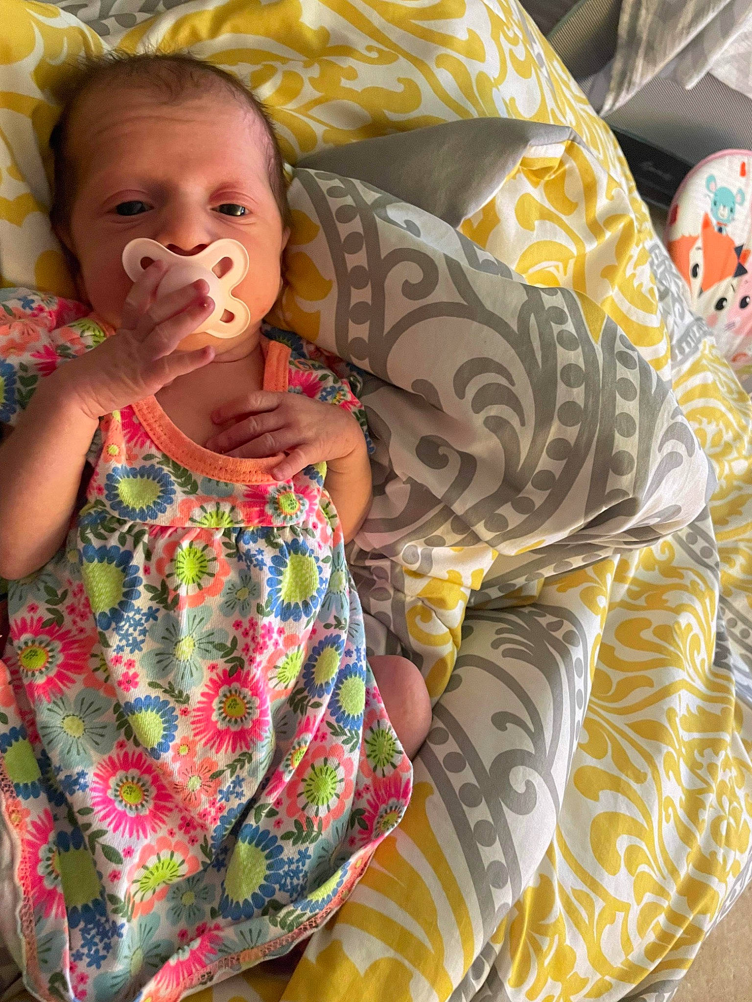 Elliana is registered to the contest to win money with this photo: baby, baby_products, baby_toddler_clothing, chair, cheek, child, comfort, dress, event, facial_expression, fun, happy, linens, lip, pattern, person, play, portrait_photography, sitting, textile