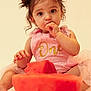 Camilla joined the competition — help win amazing prizes! toddler, child, baby, pink_dress, crown, watermelon, fruit, sitting, cute, portrait, eating, food, hands, face, eyes, indoor, celebration, birthday, one_year, curly_hair