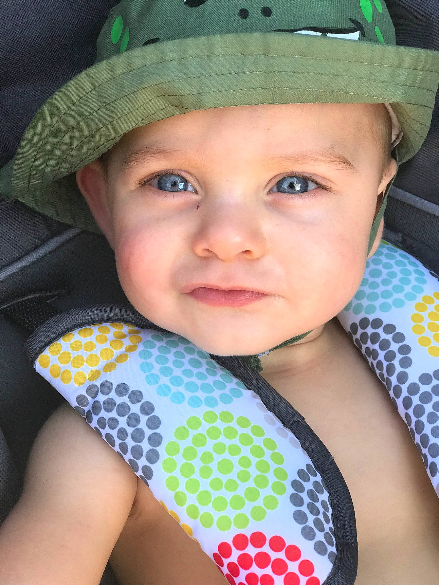 Wrangler is registered to the contest to win money with this photo: baby, baby_products, baby_toddler_clothing, cheek, child, child_model, eye, face, hat, head, headgear, lip, pattern, person, personal_protective_equipment, product, skin, smile, sun_hat, toddler