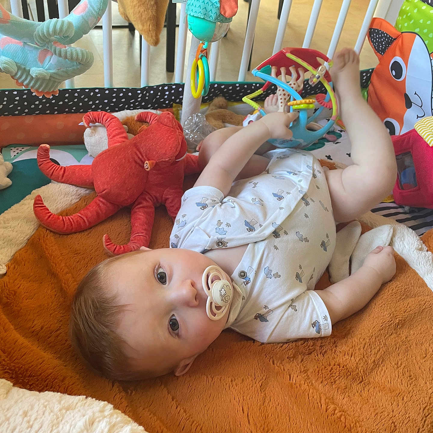 Leo participe au concours pour gagner de l'argent avec cette photo : activity_cube, baby, child, colorful_toys, crib_bars, curious, cute, floor, indoor, infant, lying_down, octopus, pacifier, play_area, play_mat, plush_toy, smiling, soft_blanket, toy_rings, white_onesie