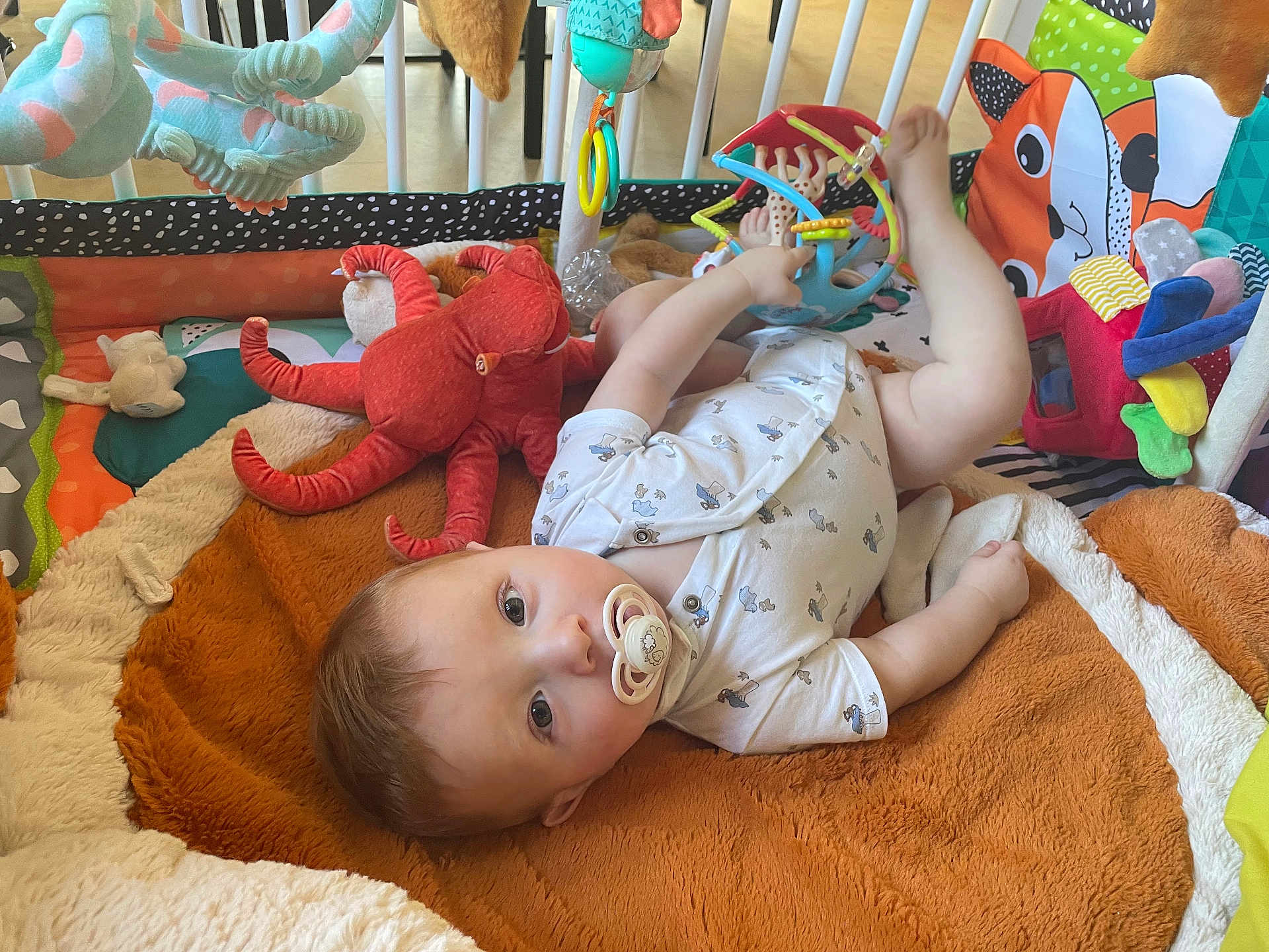 Leo participe au concours pour gagner de l'argent avec cette photo : baby, pacifier, plush_toy, octopus, colorful_toys, play_mat, infant, white_onesie, activity_cube, soft_blanket, indoor, child, cute, toy_rings, crib_bars, floor, play_area, smiling, lying_down, curious