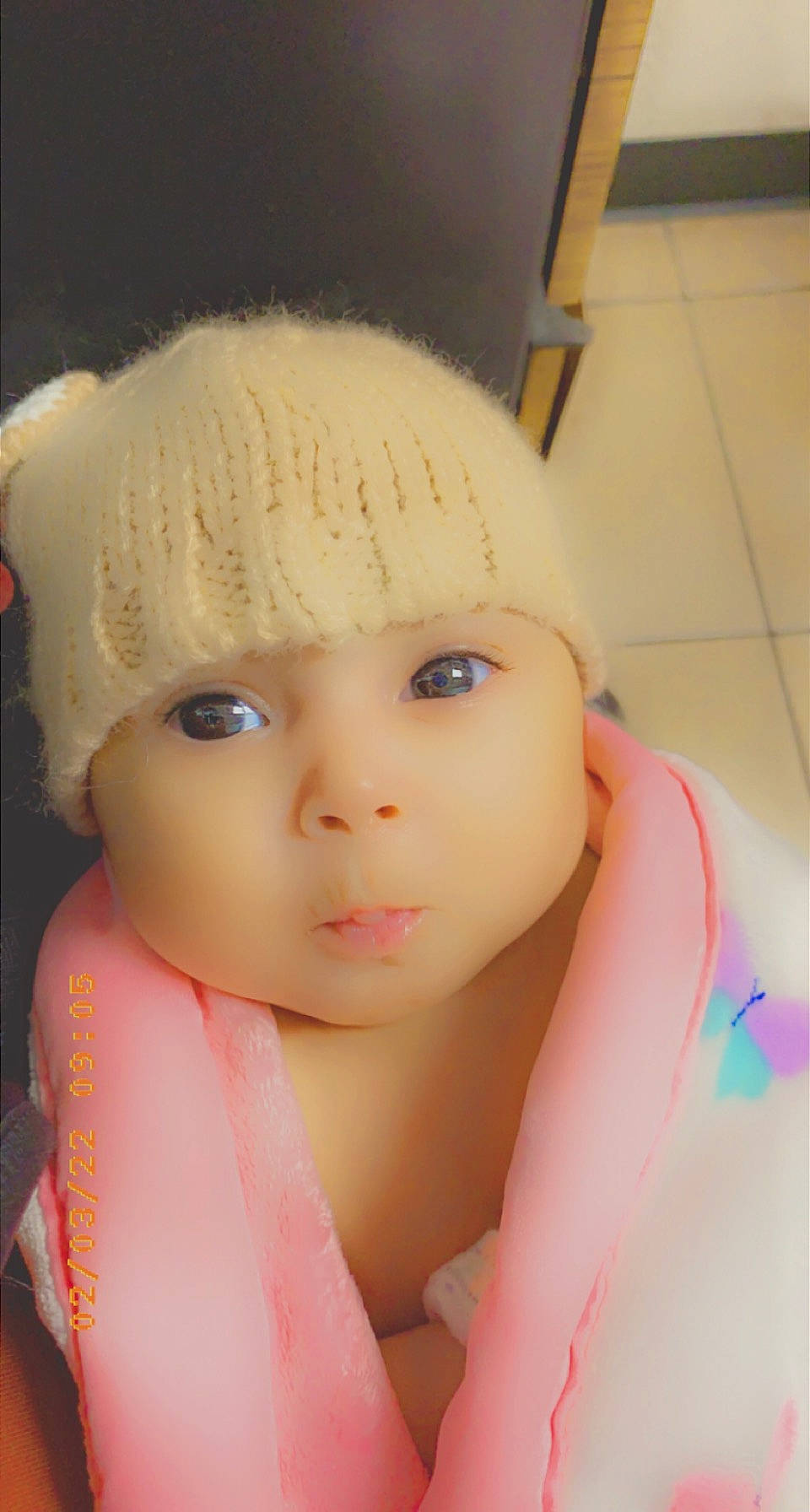 Janaya is registered to the contest to win money with this photo: baby, cap, eye, eyebrow, eyelash, happy, hat, head, headgear, headpiece, headwear, helmet, iris, knit_cap, lip, nose, person, pink, selfie, toddler