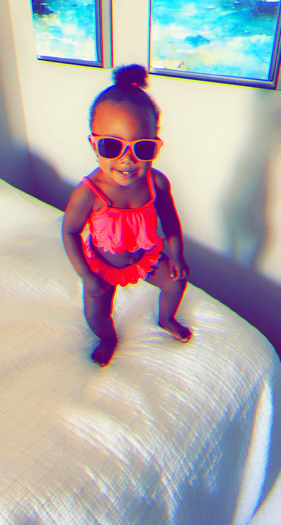 Londynn joined the competition — help win amazing prizes! aqua, azure, baby_toddler_clothing, blue, electric_blue, eye, eyewear, glasses, goggles, happy, head, magenta, person, red, sleeve, sunglasses, television, textile, toddler, toy