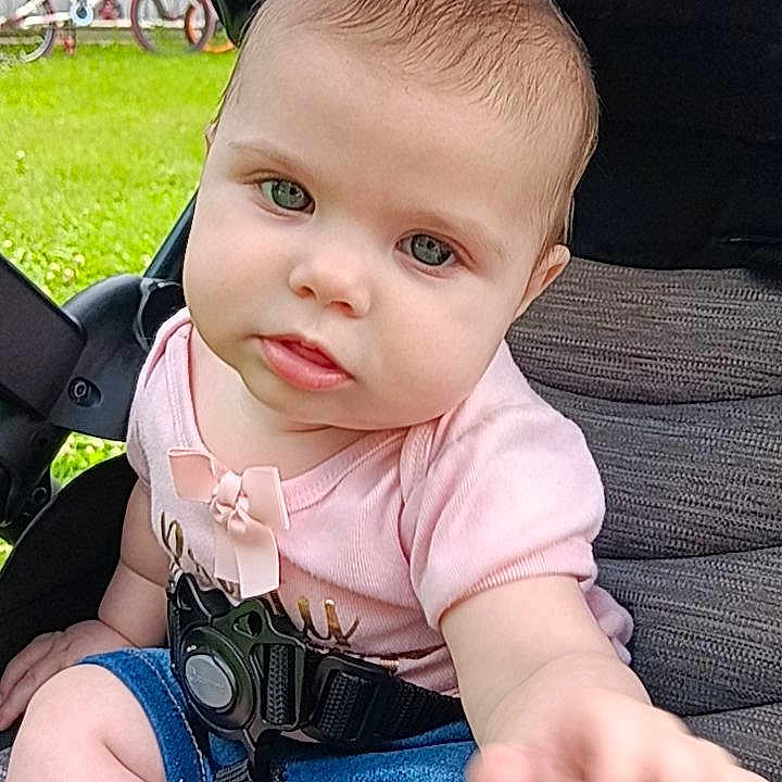 Nova joined the competition — help win amazing prizes! baby, child, stroller, outdoor, grass, bicycle, person, infant, summer, casual_clothing, pink_shirt, blue_shorts, seatbelt, greenery, daylight, curious, reaching_hand, background, building, play