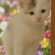Maya a rejoint le concours — aidez-le/la à gagner de superbes lots ! kitten, cat, white_cat, flower_garden, flowers, blurred_background, pet, animal, cute, young_cat, standing, wooden_post, nature, outdoor, colorful, greenery, small_animal, soft_focus, domestic_cat, feline