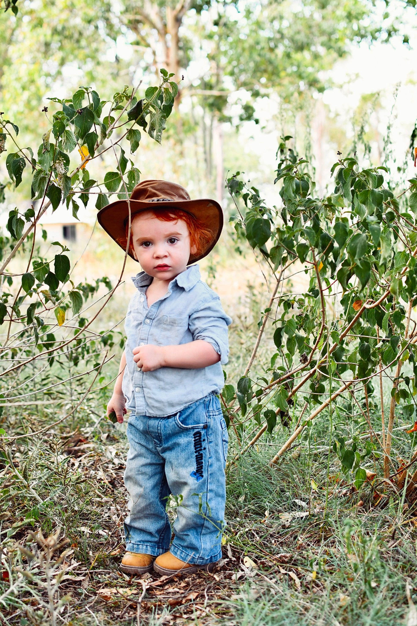 Brodie is registered to the contest to win money with this photo: agriculture, baby_toddler_clothing, child, cowboy_hat, denim, farmer, field, fruit, grass, grassland, happy, hat, headwear, jeans, people_in_nature, person, plant, smile, soil, sun_hat