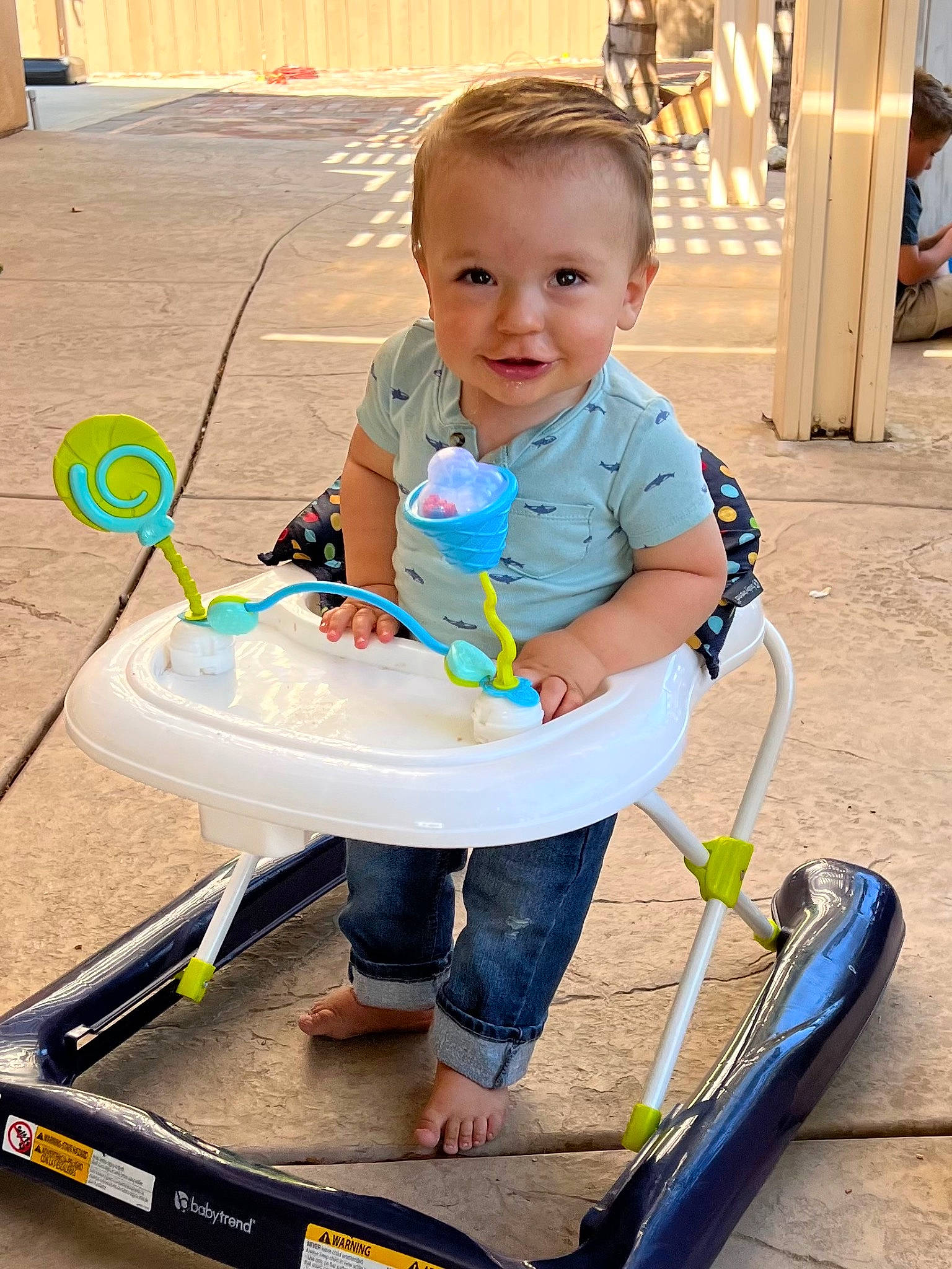 Levi joined the competition — help win amazing prizes! baby, baby_toddler_clothing, chair, child, electric_blue, fun, happy, joy, leisure, person, plastic, play, product, recreation, sitting, smile, summer, t_shirt, toddler, vacation