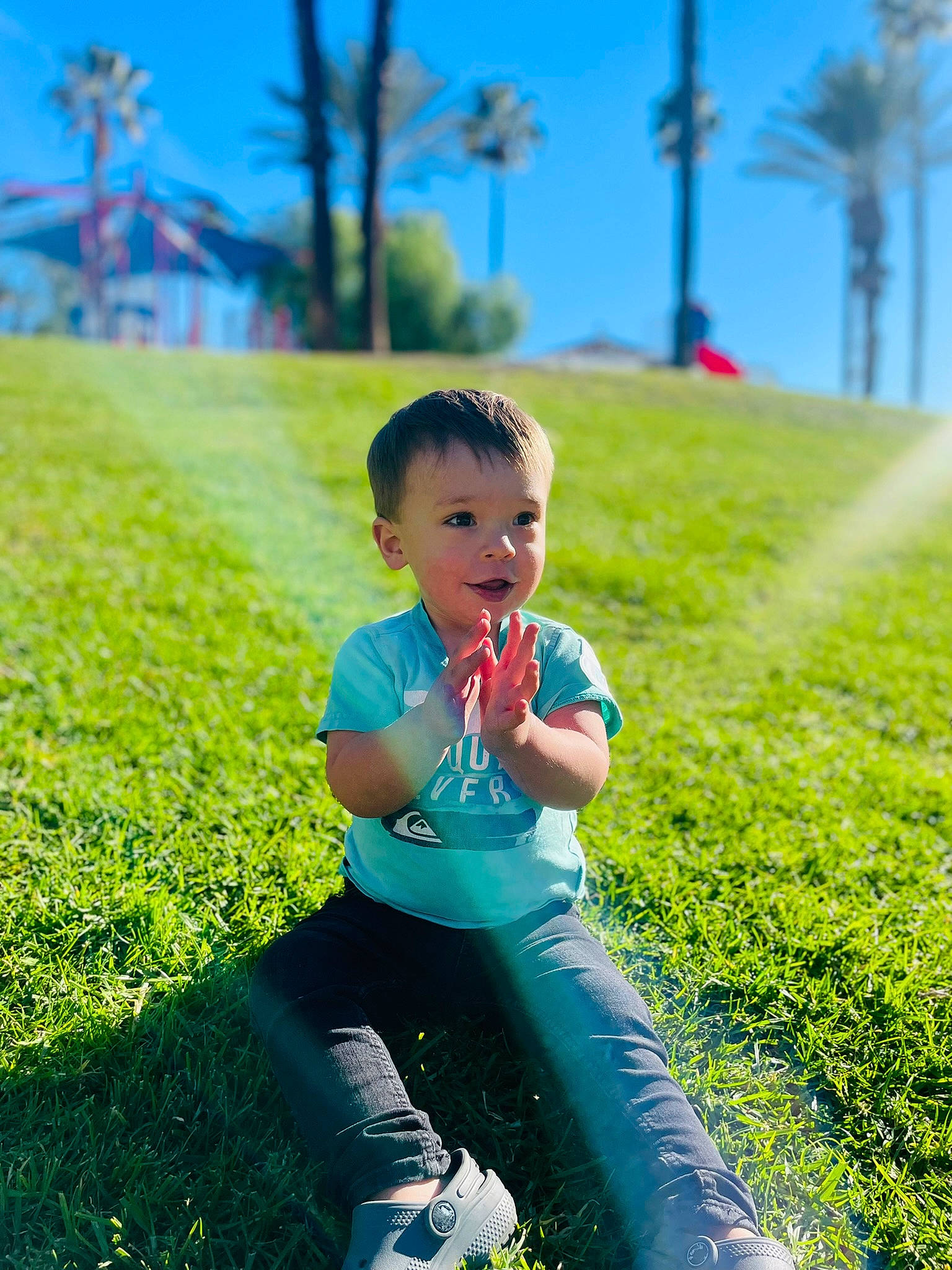 Levi is registered to the contest to win money with this photo: azure, baby_toddler_clothing, botany, daytime, grass, grassland, green, happy, leaf, leisure, morning, natural_environment, nature, people_in_nature, person, plant, sky, summer, sunlight, toddler