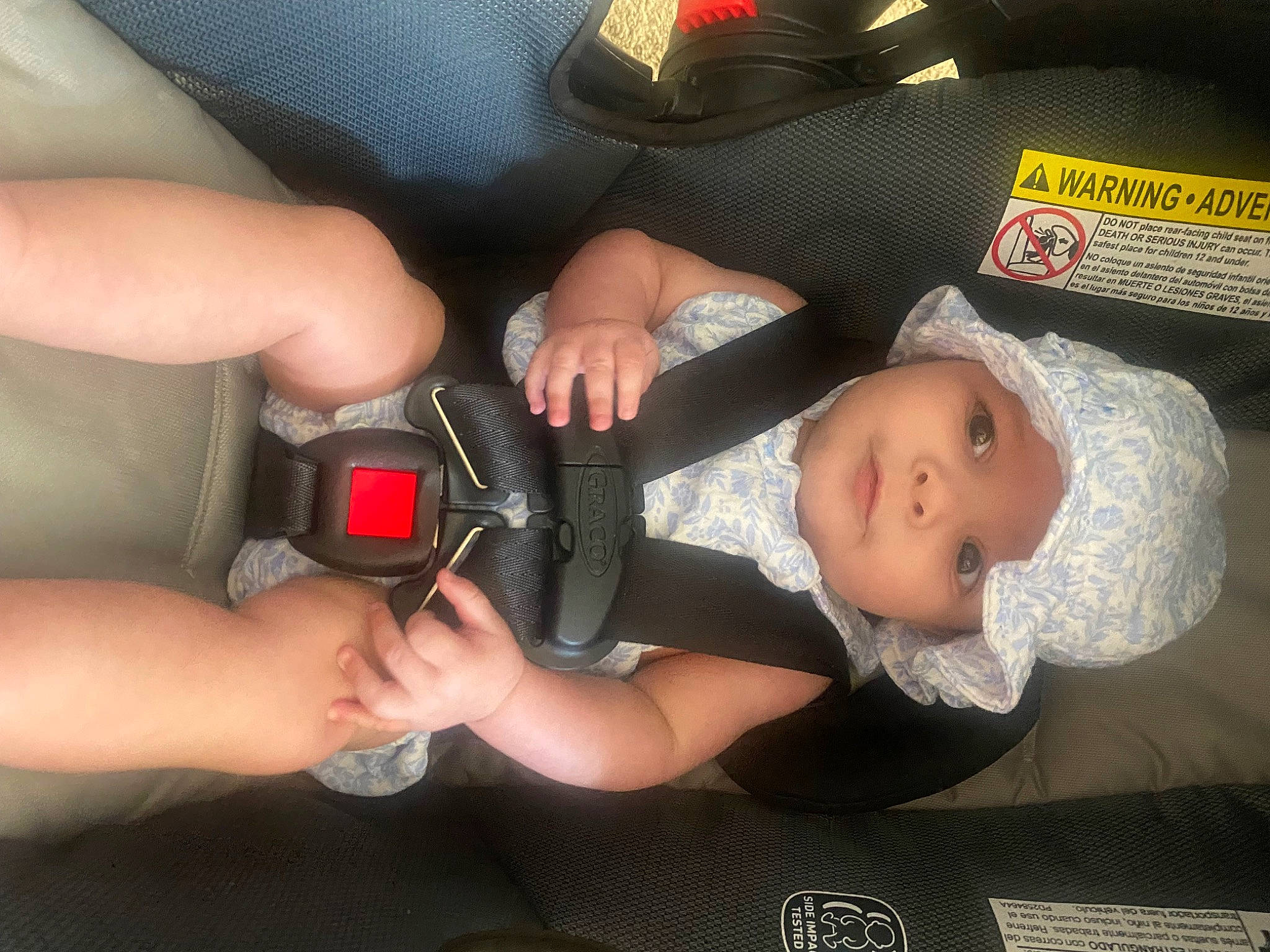Evangeline is registered to the contest to win money with this photo: auto_part, baby, baby_carriage, baby_in_car_seat, baby_products, baby_toddler_clothing, car_seat, carmine, child, comfort, finger, fun, gesture, hand, headwear, lap, nail, person, service, thumb