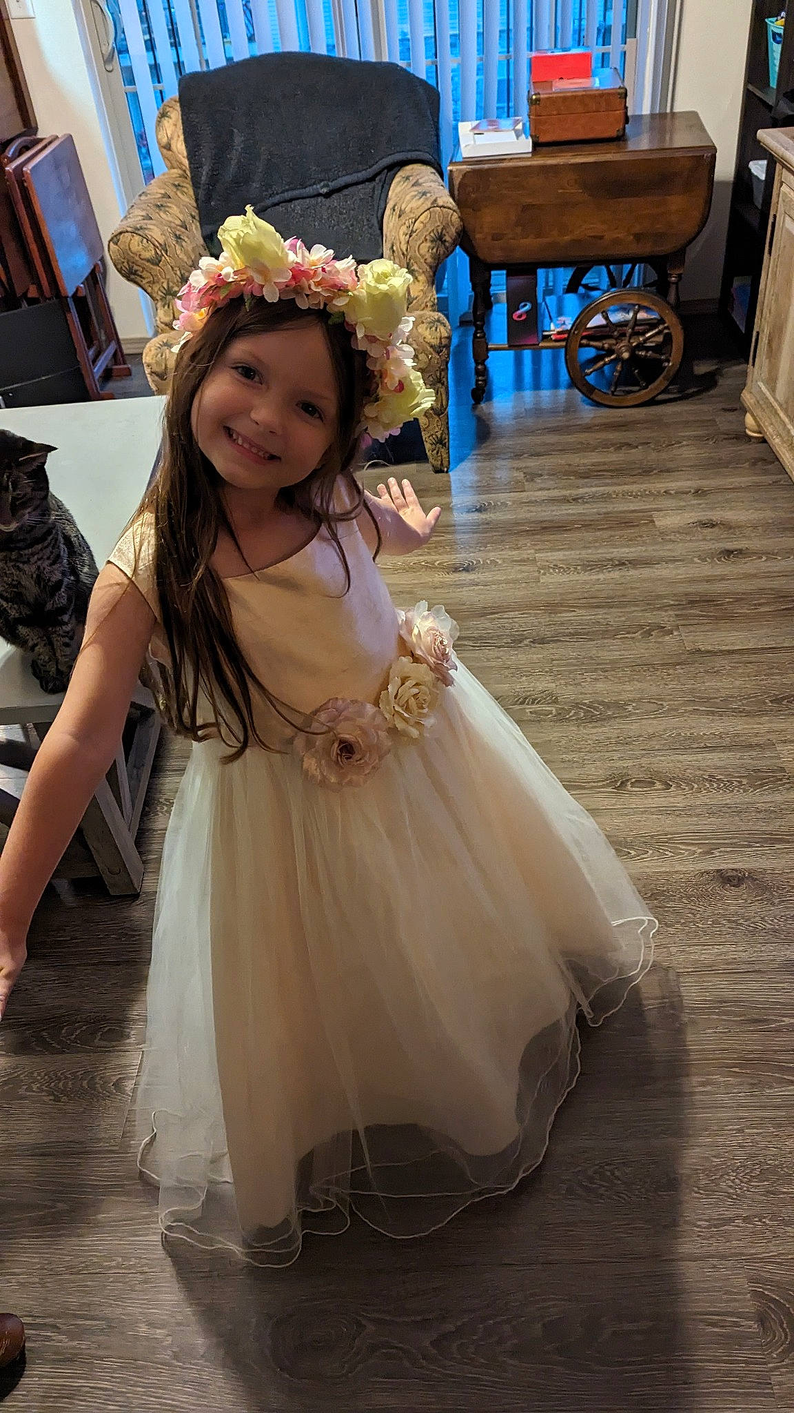 Arabella joined the competition — help win amazing prizes! bridal_accessory, bridal_clothing, chair, child, costume, entertainment, event, fashion_design, flooring, flower, formal_wear, fun, gown, hair_accessory, happy, headgear, headpiece, headwear, joy, person
