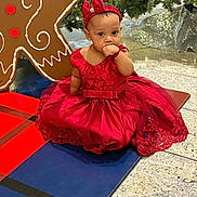 Inara joined the competition — help win amazing prizes! baby, child, red_dress, headband, gingerbread_man, christmas_tree, holiday, decoration, floor, sitting, cute, festive, indoor, portrait, person, holiday_season, sparkle, toy, event, happy