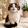 kitten, cat, fluffy, fur, pet, animal, indoor, cozy, soft, cute, whiskers, sitting, eyes, closeup, portrait, feline, adorable, home, decor, relaxing
