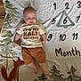 baby, celebration, child, clothing, cute, floor, fox_illustration, half_birthday, home, infant, lying_down, marker, milestone_blanket, numbers, person, shirt, shorts, smiling, tree_illustration, wooden_block