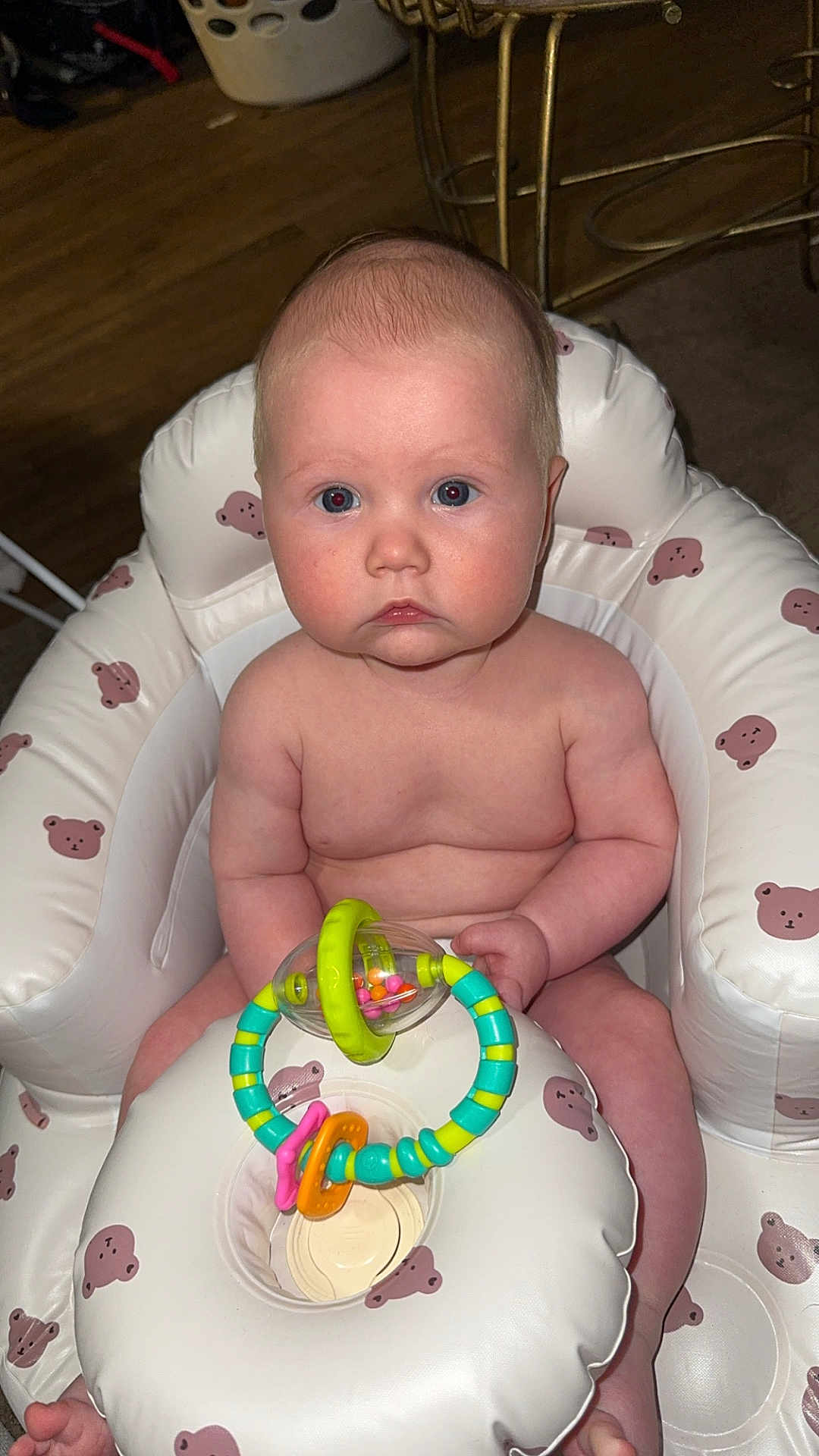 Bowen joined the competition — help win amazing prizes! baby, infant, child, toy, inflatable_seat, indoor, furniture, floor, plush_pattern, face, skin, hand, arm, leg, expressionless, seated, person, colorful_toy, closeup, home