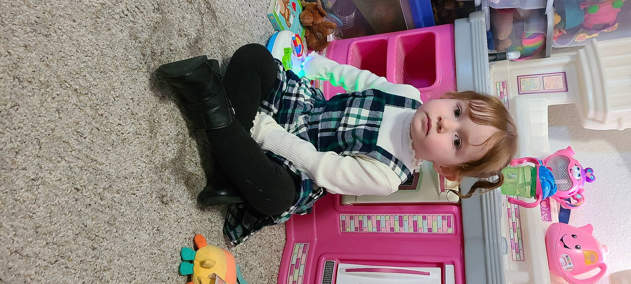 Kamryn joined the competition — help win amazing prizes! baby, baby_products, baby_toddler_clothing, child, fun, magenta, pattern, person, personal_protective_equipment, pink, plaid, play, room, shelf, shelving, sitting, sock, t_shirt, tartan, toddler