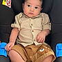 adorable, baby, car_seat, casual, child, clothing, cute, expression, face, fashion, footwear, indoors, infant, person, portrait, seated, shirt, shoes, shorts, young_child