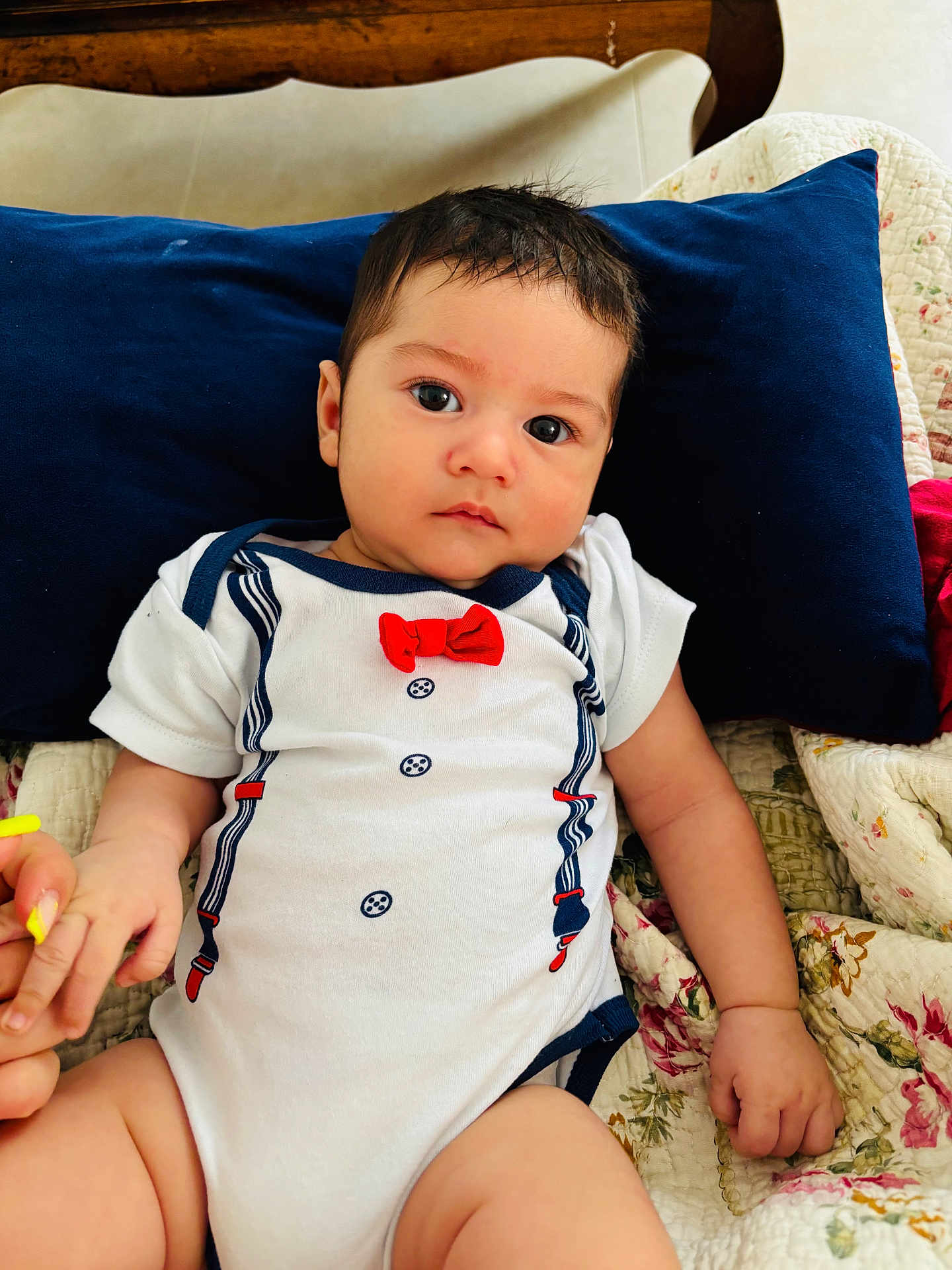 Alejandro participe au concours pour gagner de l'argent avec cette photo : baby, infant, child, onesie, bow_tie, hand_holding, pillow, quilt, floral_pattern, navy_blue, cute, portrait, indoors, skin, face, eyes, sitting, clothing, person, small_hand