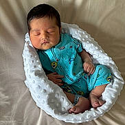 Alejandro participe au concours pour gagner de l'argent avec cette photo : baby, newborn, sleeping, blanket, onesie, blue_clothing, space_print, bed, soft_texture, infant, peaceful, wrapped, resting, cute, small_hands, small_feet, indoors, portrait, cozy, child