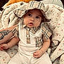 Alejandro participe au concours pour gagner de l'argent avec cette photo : baby, blanket, child, clothing, comfort, cute, expression, face, hand, hat, indoors, infant, person, plaid, plush_toy, portrait, quilt, shirt, sitting, tattoo