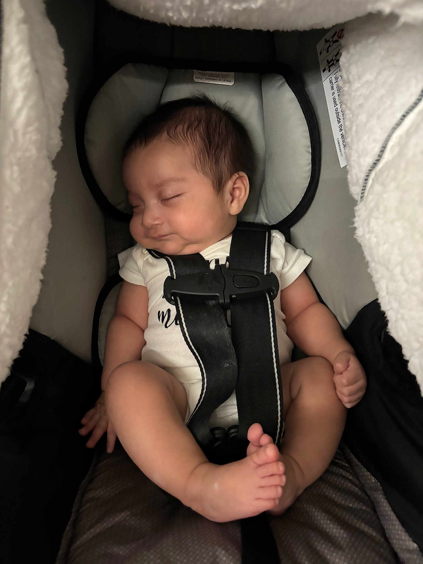 Ean Luka joined the competition — help win amazing prizes! baby, sleeping, car_seat, safety_harness, blanket, infant, child, indoors, cozy, cute, peaceful, soft_lighting, skin, clothing, head, foot, hand, comfort, rest, portrait