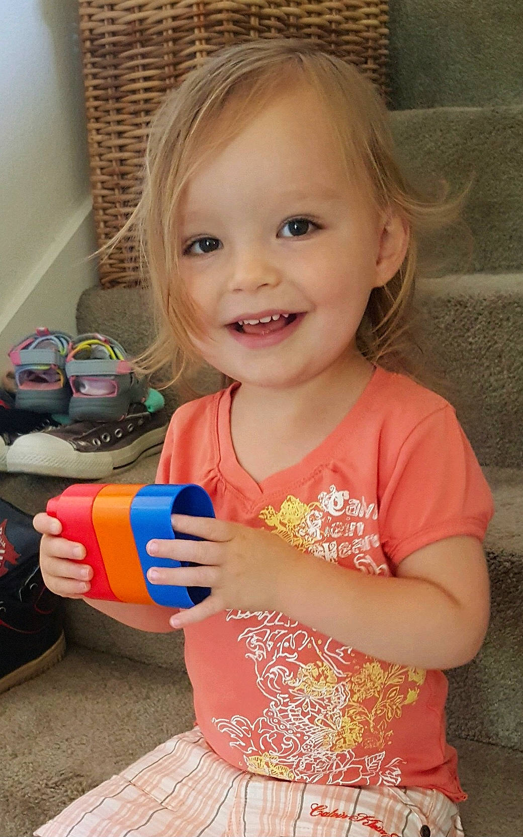 Halee joined the competition — help win amazing prizes! baby, baby_playing_with_toys, baby_toddler_clothing, cheek, child, electric_blue, fun, happy, joy, leisure, person, pink, plastic, play, sitting, skin, smile, standing, t_shirt, toddler