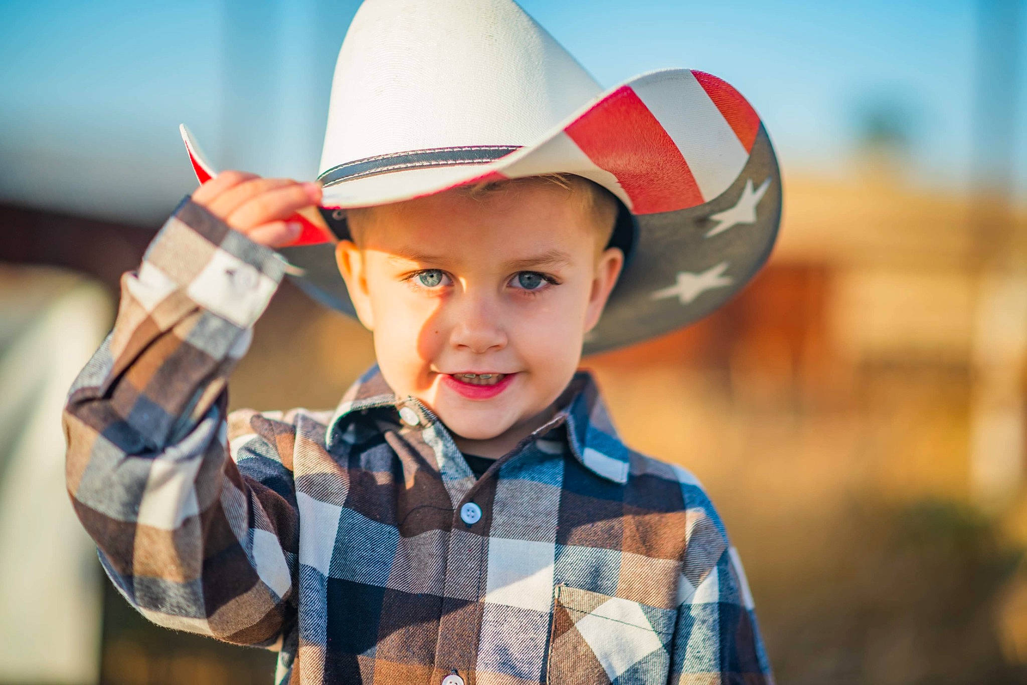 Dillyn is registered to the contest to win money with this photo: button, child_model, clothing, collar, cool, costume_accessory, costume_hat, cowboy_hat, fedora, hat, headgear, headwear, pattern, person, plaid, portrait, portrait_photography, shirt, sleeve, sun_hat