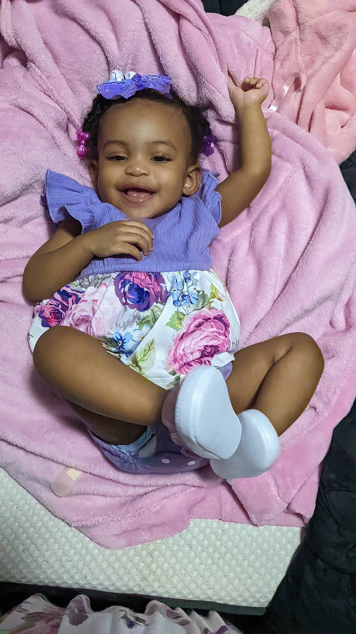 Honey joined the competition — help win amazing prizes! arm, baby, baby_toddler_clothing, cheek, child, comfort, facial_expression, hand, happy, joy, lap, magenta, person, pink, purple, sitting, skin, sleeve, smile, thigh