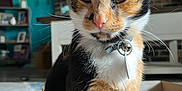 Callie is registered to the contest to win money with this photo: cat, calico_cat, box, collar, bell, living_room, fireplace, television, furniture, brick_wall, pet, animal, whiskers, ears, fur, indoor, closeup, curious, sitting, domestic_cat