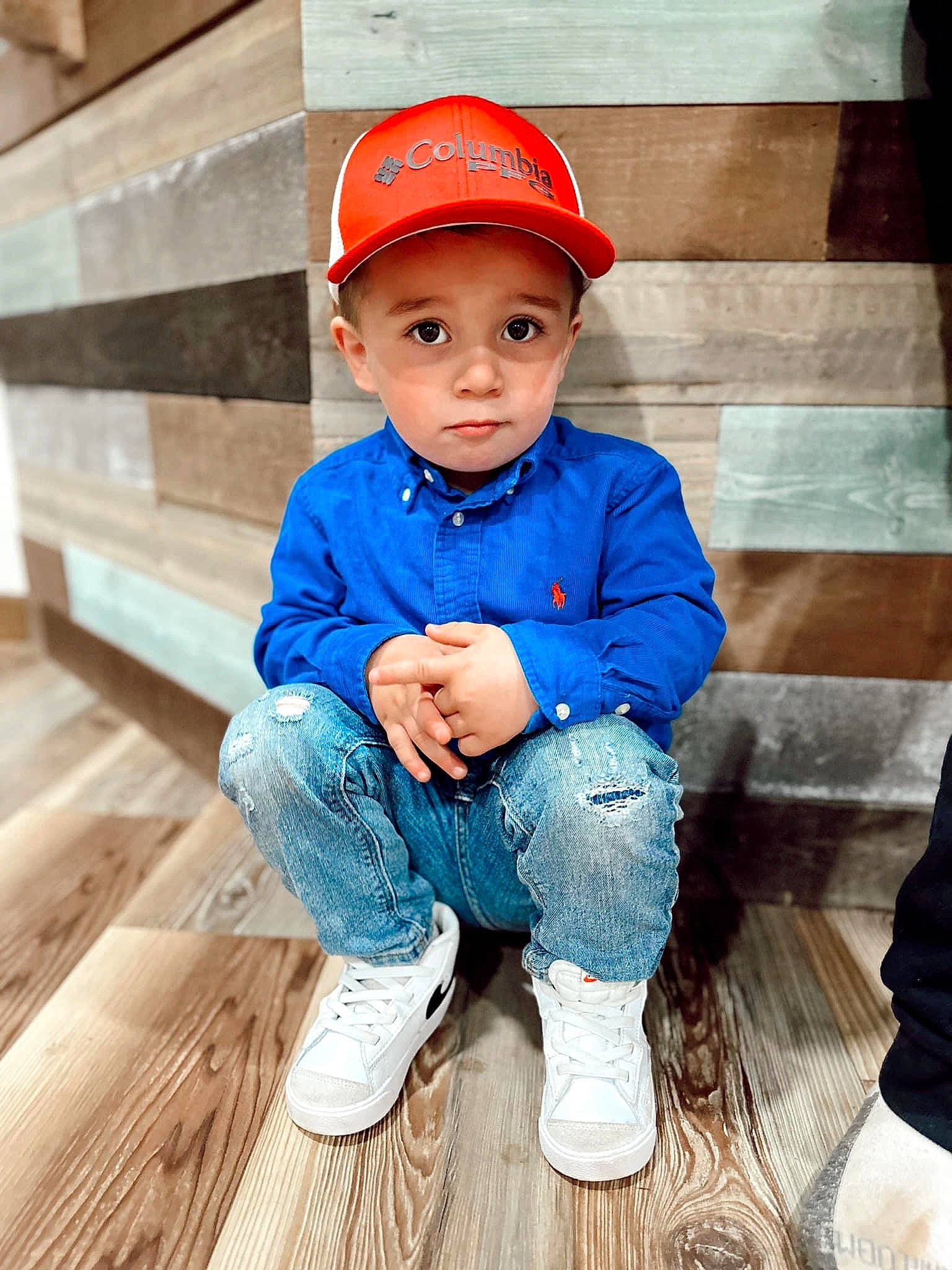 Keaston is registered to the contest to win money with this photo: baby_toddler_clothing, baseball_cap, cap, child, cool, denim, electric_blue, fashion_accessory, flooring, fun, happy, hardwood, headgear, headwear, person, product, sitting, sleeve, standing, toddler