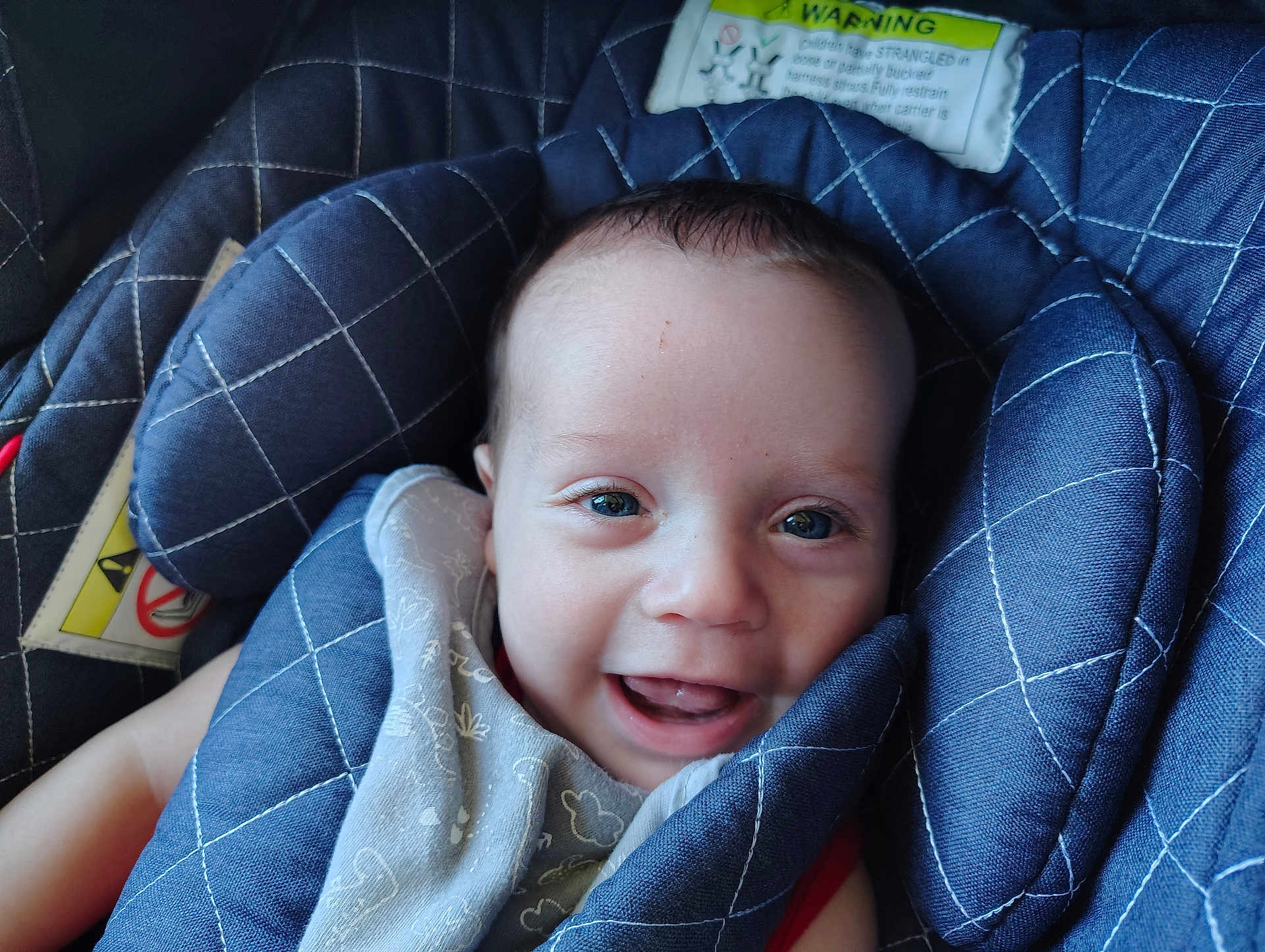 Mason is registered to the contest to win money with this photo: baby, smiling, blue_car_seat, child, infant, happy, face, portrait, padded_seat, clothing, closeup, cute, person, young_child, seatbelt, indoors, comfort, head_support, fabric, expression