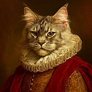 Loki joined the competition — help win amazing prizes! animal, artistic, brown_background, cat, closeup, costume, dignified, dressed_up, fashion, feline, fur, historical_style, indoor, majestic, portrait, red_cloak, regal, renaissance, ruffled_collar, serious