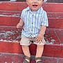 toddler, child, smiling, sitting, stairs, outdoor, sandals, shorts, striped_shirt, happy, face, hands, feet, steps, red, casual_clothing, cute, baby, person, portrait